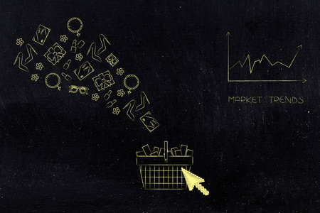网上购物概念说明 购物篮与产品飞出和光标在 it 和市场趋势旁边