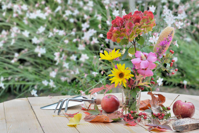 美丽的五颜六色的花花束与红色苹果和叶子放在一个桌在庭院里