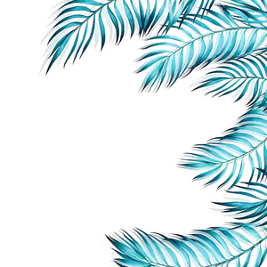 蓝色绿松石框架与热带棕榈叶。水彩手绘的例证在白色背景