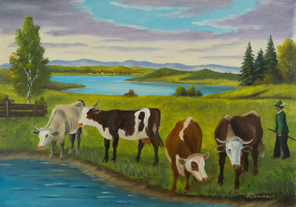 油画牛动物在水中用不同奶牛的油漆作画照片