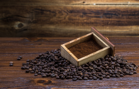 咖啡豆和地面上木制的背景