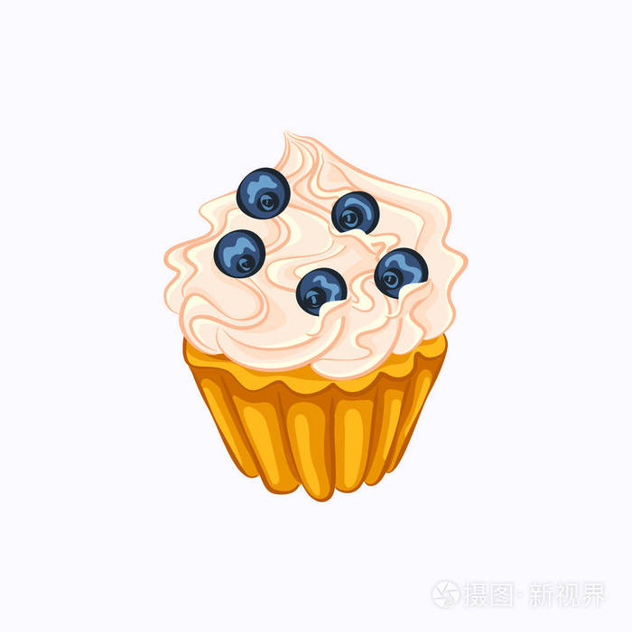 卡通风格香草纸杯蛋糕与奶油和蓝莓矢量图标隔离在白色的背景