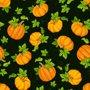 带橙色南瓜和绿叶的矢量无缝图案