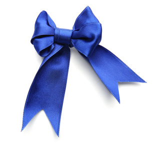 美丽的弓由蓝色丝带在白色背景