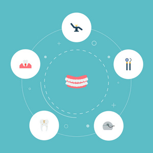 一套搪瓷图标平面风格符号与蛀牙, 牙线, 准牙病和其他图标为您的网络移动应用程序徽标设计