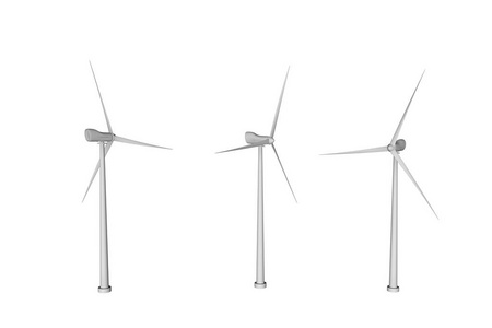 三个不同旋转角度的风车, 白色背景隔绝风力发电工业插图, 3d 插图