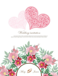 婚礼邀请装饰花边心与水彩的野玫瑰