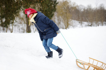 有趣的小女孩玩雪橇在美丽的冬季公园。可爱的孩子在雪地里玩耍。儿童冬季活动