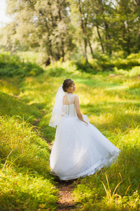 美丽的新娘，婚礼当天站在绿色的公园