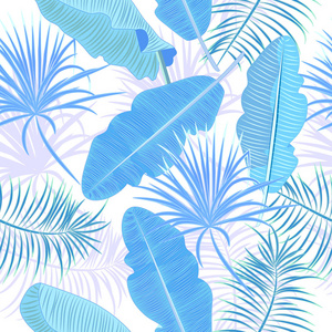 蓝色叶子的无缝图案香蕉。棕榈树的热带叶子。矢量背景