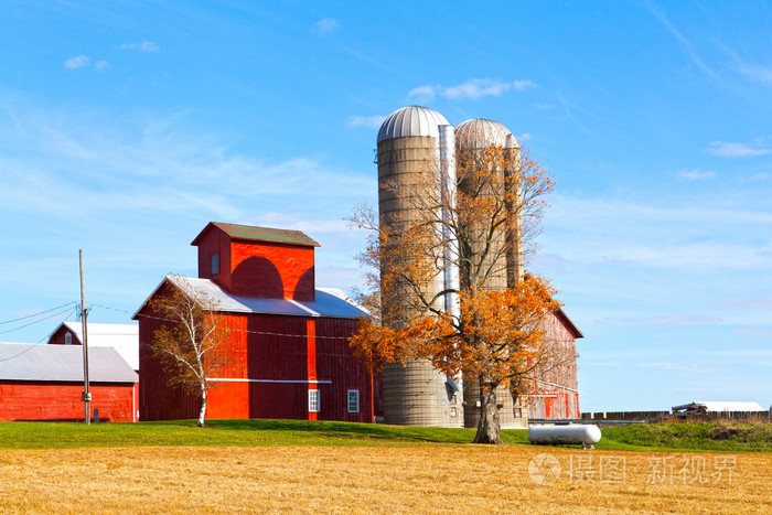 传统美国红谷仓与蓝蓝的天空