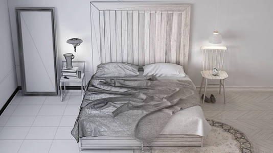 未完成的项目草案, 当代卧室, 床与木制床头板, 斯堪的纳维亚白色生态别致的室内设计, 顶视图