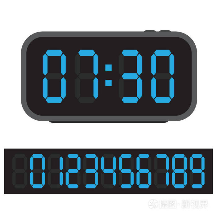 数字闹钟蓝色数字时钟和一组发光数字向量例证
