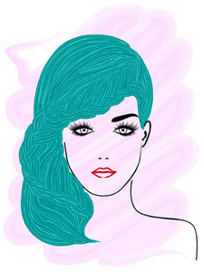 女孩与被编织的绿松石头发, 手图画颜色向量例证与刷子作为水彩图片在粉红色