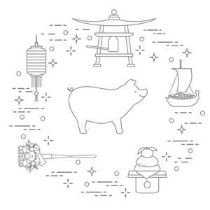 新年快乐2019卡。日本新年标志。野猪, 灯笼, 铃铛, 年糕, 橘子, 宝藏船。不同国家的节日传统
