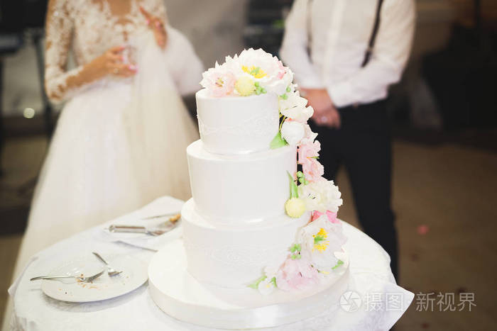 新娘和新郎在婚礼上切婚礼蛋糕