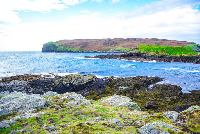 美丽的风景小牛湾在马恩岛, 一个非常著名的观点在岛上