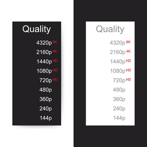 视频质量选择。白色和黑色背景上的视频电影或图片的质量。向量股票例证