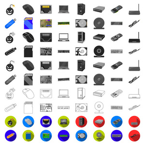 个人计算机卡通图标集合中的设计。设备和附件矢量符号股票 web 插图