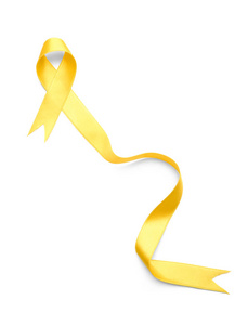 白色背景上的黄色丝带。癌症概念