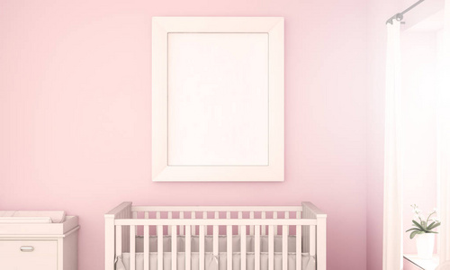 粉红色婴儿室墙上的白色框架样机, 3d 渲染