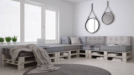 模糊的背景室内设计, 斯堪的纳维亚简约客厅与 diy 托盘沙发, 当代建筑