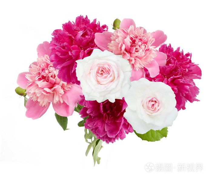 牡丹与玫瑰鲜花束在孤立的白色背景上的花瓶里