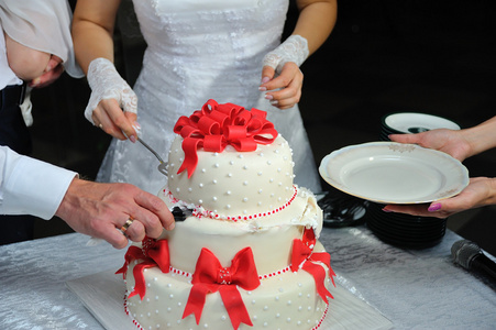 新娘和新郎在婚礼上祝词切婚礼蛋糕