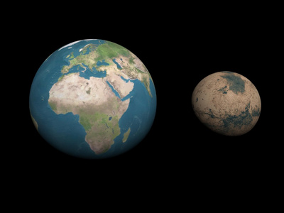 比较文学地球和火星行星大小比较-3d 渲染照片