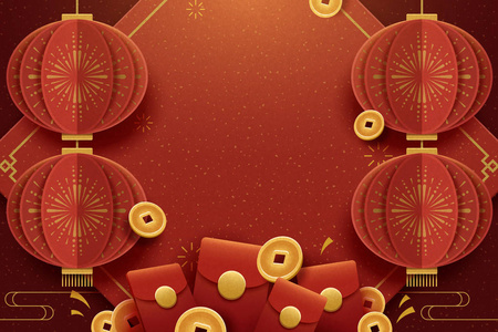 快乐的新年贺卡海报与挂灯笼, 红色信封和幸运硬币元素, 纸艺术风格