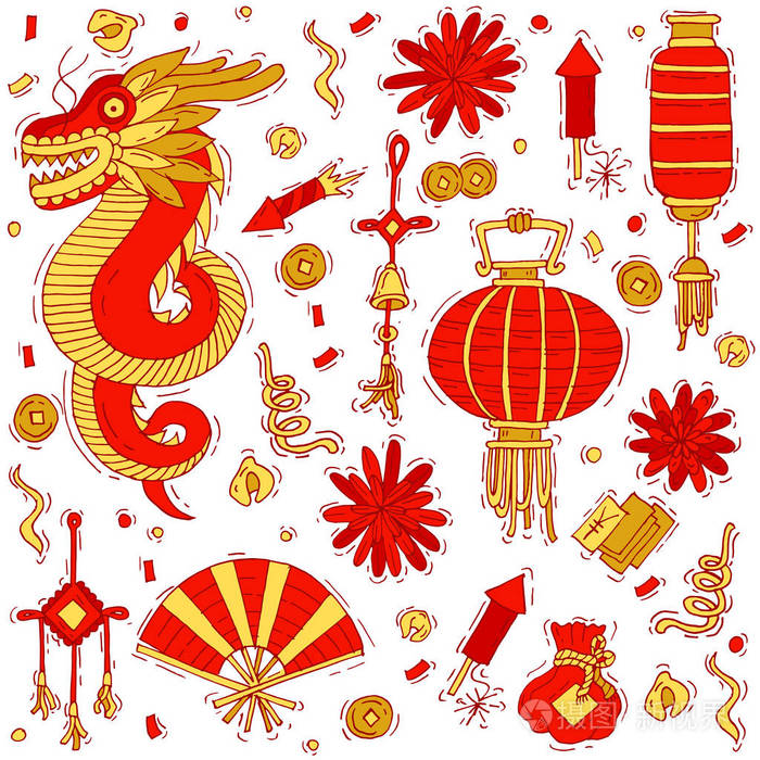 插画 矢量插图集的中国传统元素.灯笼,扇子,花卉等装饰用品.eps