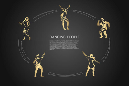 跳舞的人男人和女人在不同的舞蹈姿势向量概念集