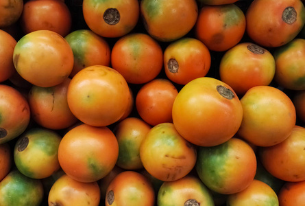 一群 naranjilla 或 lulo 的水果。来自南美洲西北部的异国情调的热带和柑橘类食物。quitoense 龙葵厂