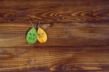 绿色和黄色落叶在木质背景上的快乐和悲伤的面孔符号
