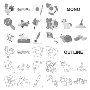 儿童玩具单色图标集集合为设计。游戏和摆设向量符号股票网络插图