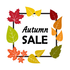 丰富多彩的秋季季节性销售横幅设计。黑色框架与题字秋天销售。矢量插图