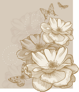 与蝴蝶和玫瑰 手工绘图的花卉背景。矢量