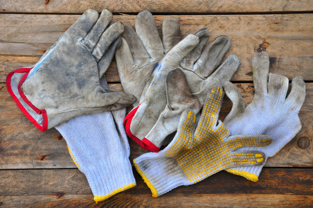 老安全手套在木制的背景下，手套上肮脏的作品