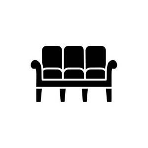 3座沙发的黑白矢量插图。固定的长椅图标。现代家居和办公家具。白色背景上的独立对象