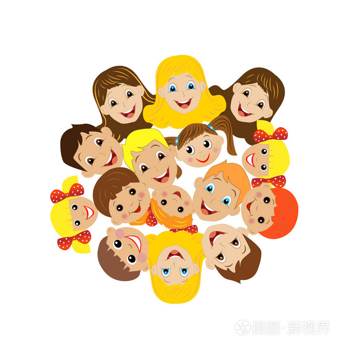 很多孩子起床在白色背景上的一个圆