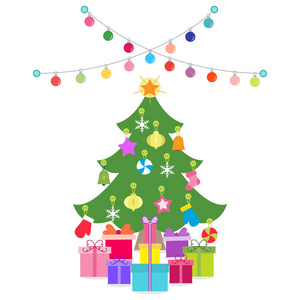 新年快乐2019和圣诞节向量例证。装饰圣诞树, 礼品, 花环