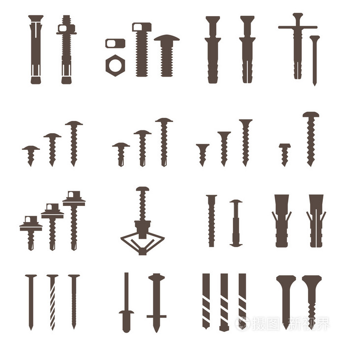 紧固件的图标集螺钉和钉子矢量