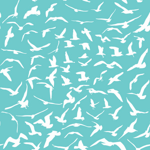 海鸥白色的轮廓在蓝色的背景上。 无缝图案。