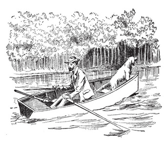 有狗在独木舟上旅行的人, 老式的线条画或雕刻插图