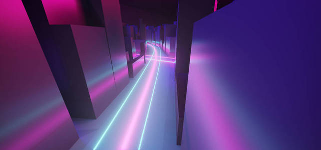 现代幻想未来城市与霓虹灯路灯发光紫色和蓝色夜场景科幻城市概念背景