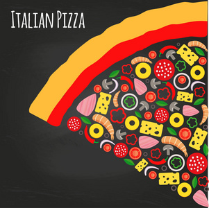 黑板上的披萨片, 有原料。平面样式图标背景向量例证