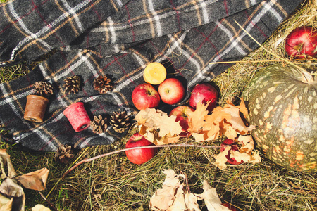 秋季作文。在稻草背景下布置苹果南瓜落叶和蜡烛