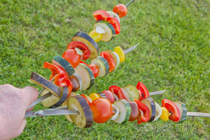 健康的蔬菜串有机油炸蔬菜羊肉串茄子辣椒西葫芦西红柿和洋葱的烤肉串