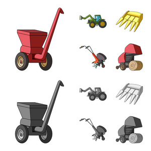 摩托块拖车等农业设备。农业机械集合图标在卡通, 单色风格矢量符号股票插画网站