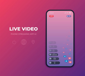 电话流应用程序 ui。矢量模板视频广播, 播放多媒体直播流, 在线智能手机流插图